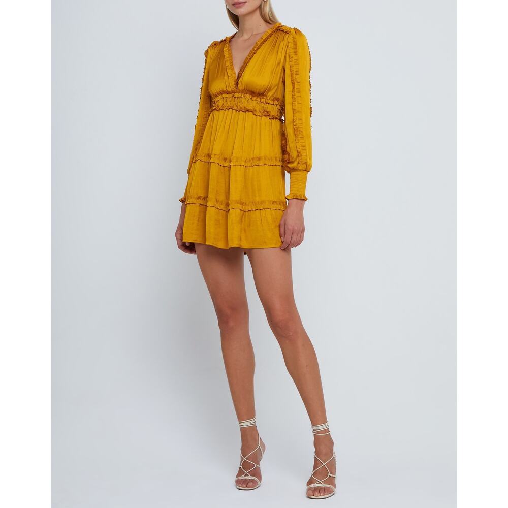 O.P.T. Feminine Modern Tianna Gold Pleated Ruffle Tiered Silky Mini Dress M - Picture 11 of 15